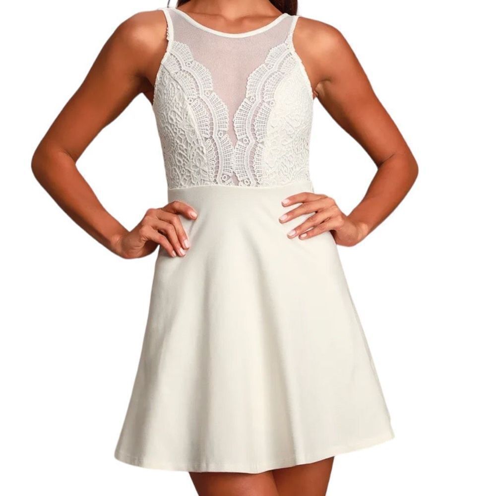 Lulus I Promise White Lace Mesh Cut-out Wedding Bridal Skater Dress Size Small